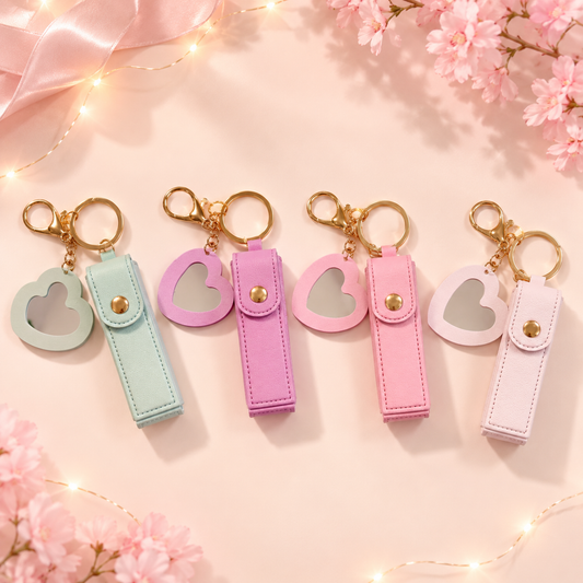 Porte-clé Étui pour Baume à Lèvres + Miroir Cœur