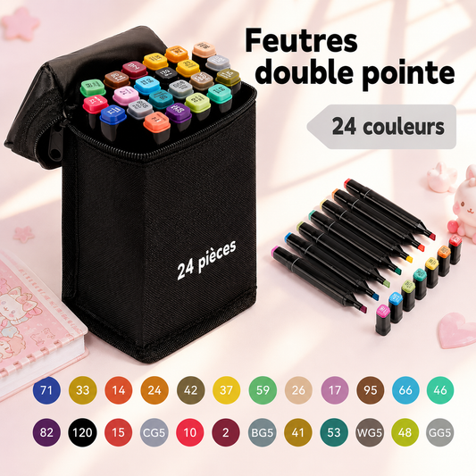 Set de 24 Feutres Double Pointe – Avec trousse